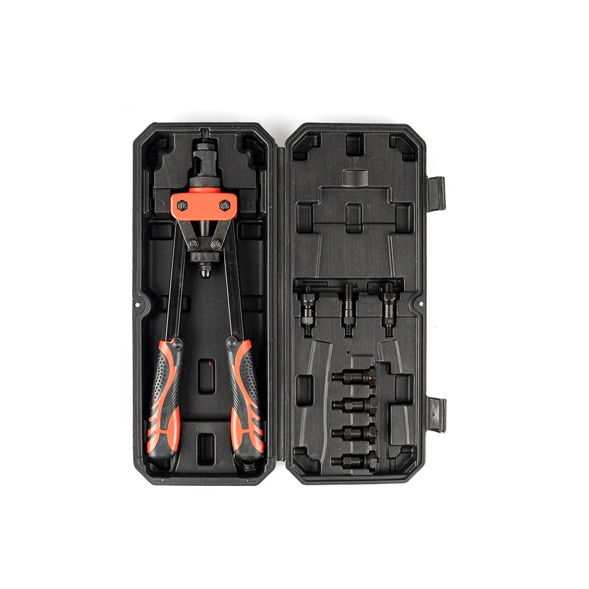 CQ14 14-inch manual rivet nut gun with six interchangeable tips for M3 to M10 threads on a workbench.