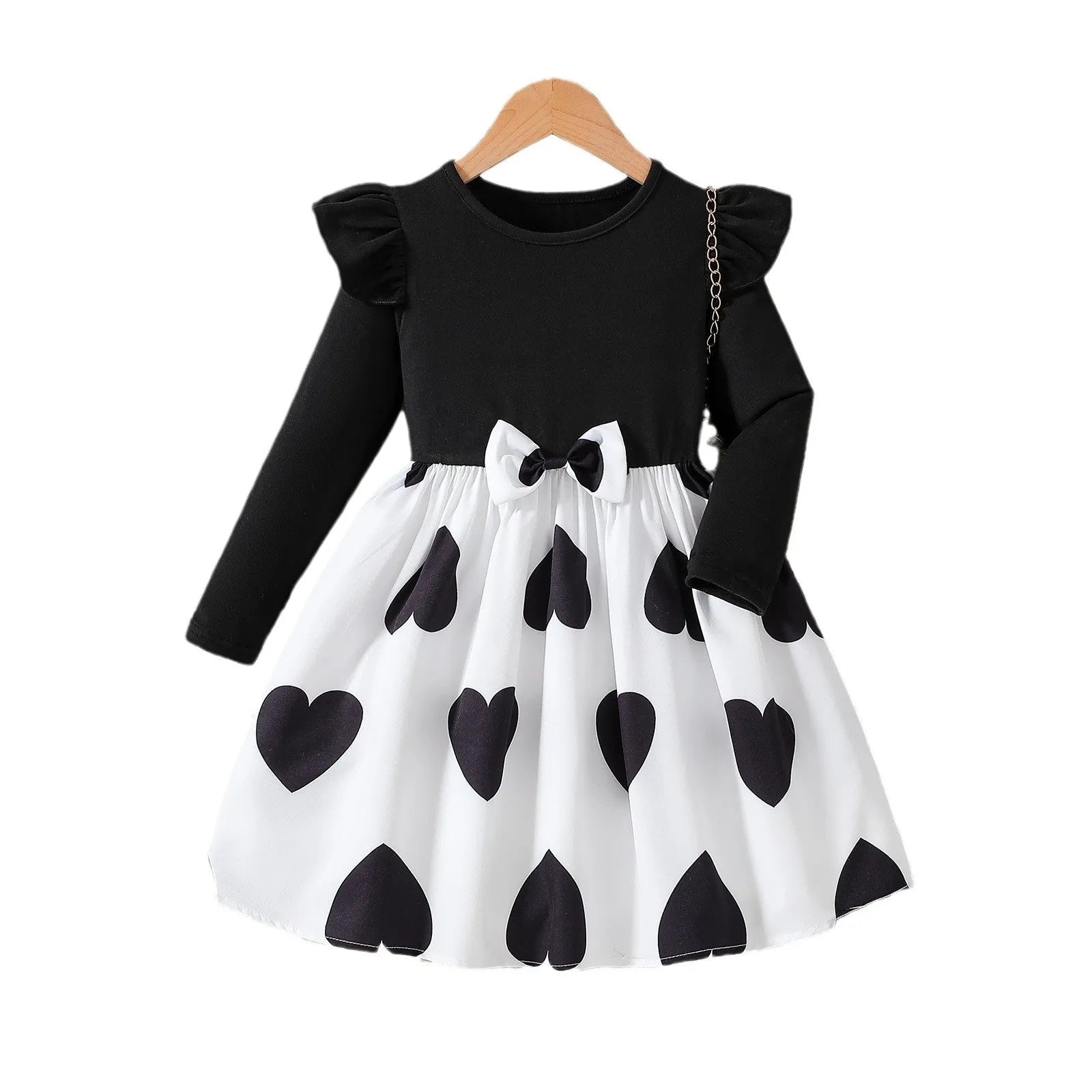Black children's cartoon print long sleeve princess dress with cotton lining