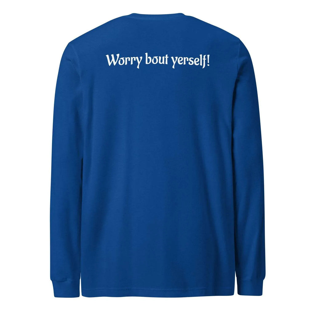 Blue men's loose fit round neck pullover sweater with solid colour and printed detail.