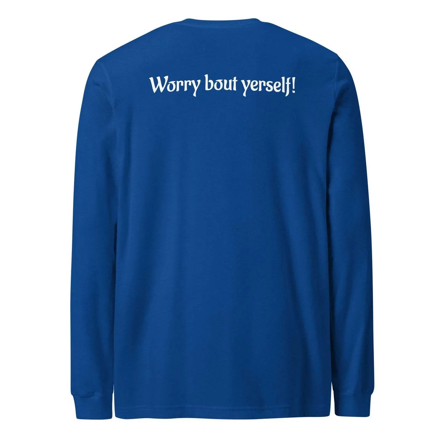 Blue men's loose fit round neck pullover sweater with solid colour and printed detail.