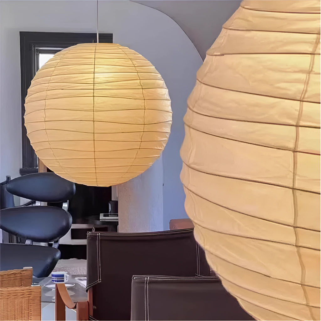 Japanese-style rice paper ball chandelier pendant light in a living room setting.