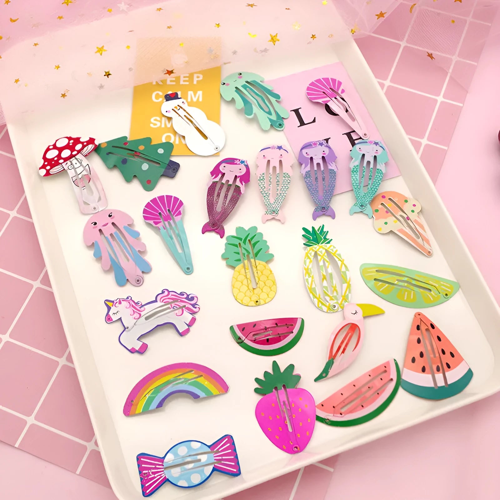 Children's metal hair barrette with colour printed watermelon and strawberry design