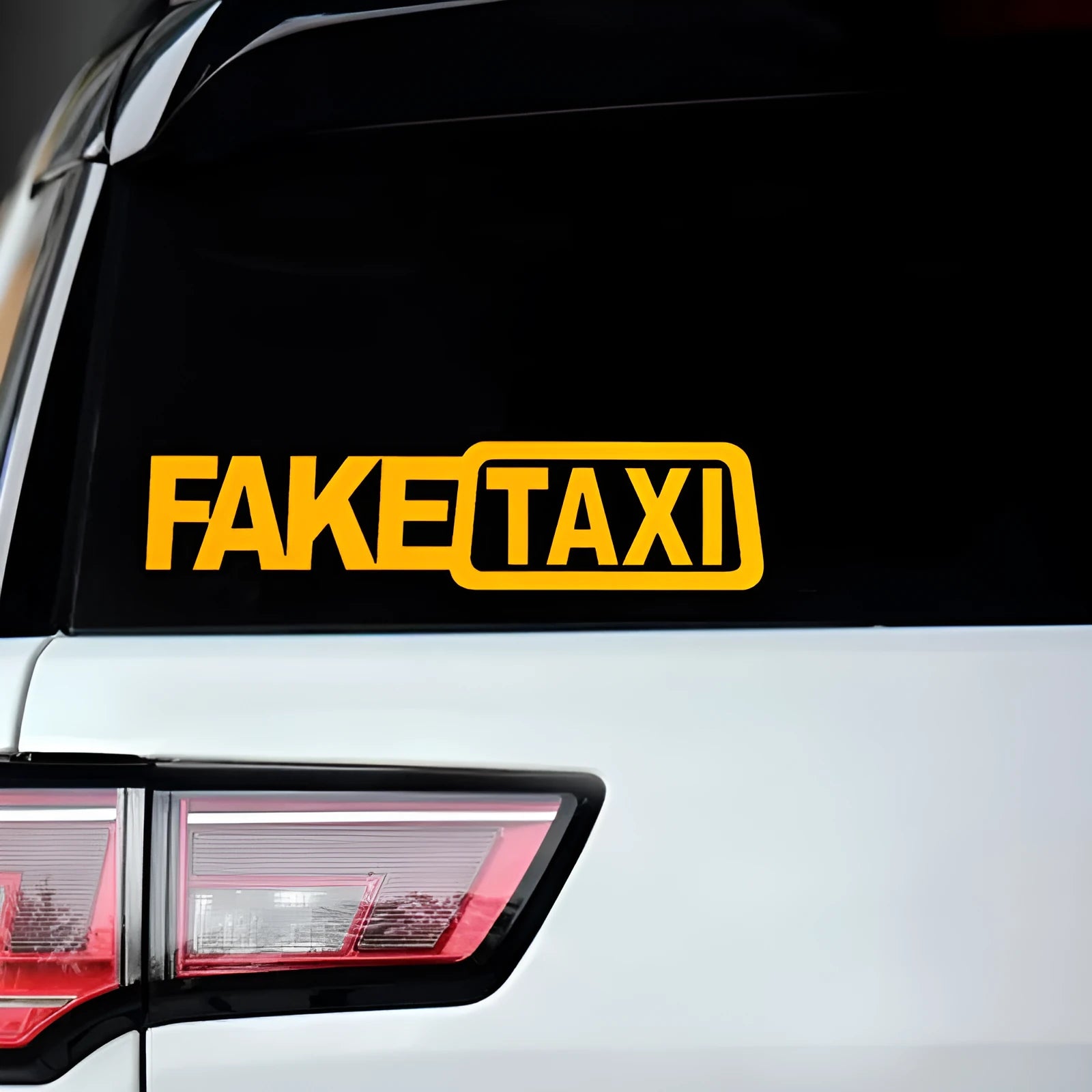 FAKE TAXI car warning sticker in waterproof PET material measuring 20cm by 8cm