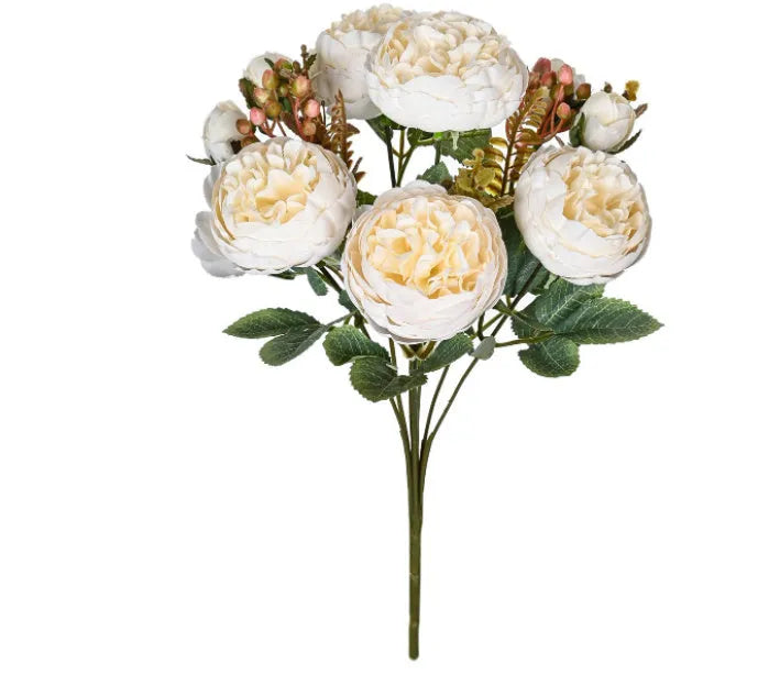 Artificial silk peony flower bouquet in Champagne gold and Sand Red terracotta colours for home decoration.