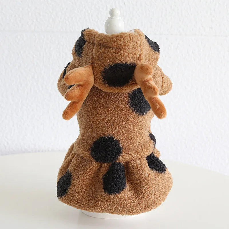 Polka dot elk couple design pet clothing for dogs and cats in skirt and four-leg styles