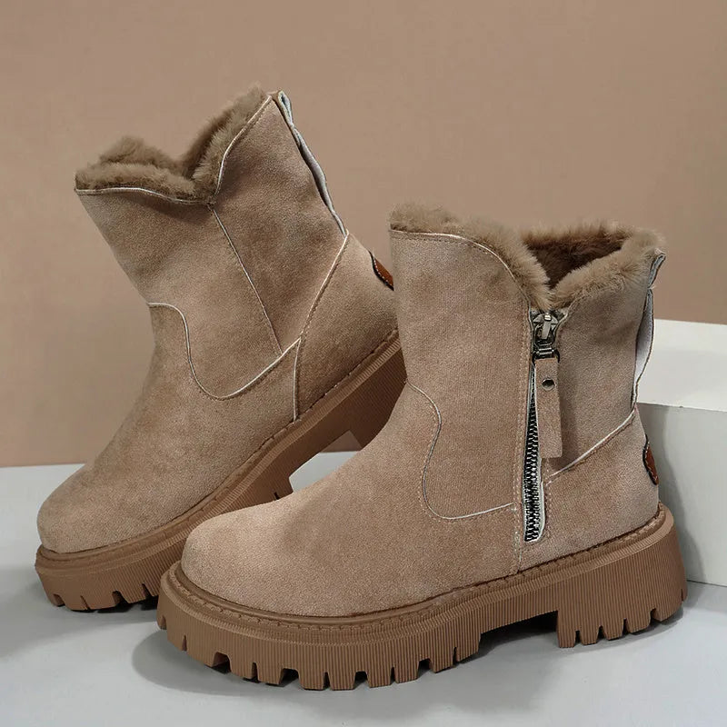 Women's black thick plush high-top snow boots with a side zipper and rubber sole