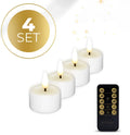 Four white S4 LED tealight candles next to a candle holder
