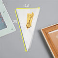 Clear triangle-shaped plastic packaging bag with a silver tie wire, showing three size options.