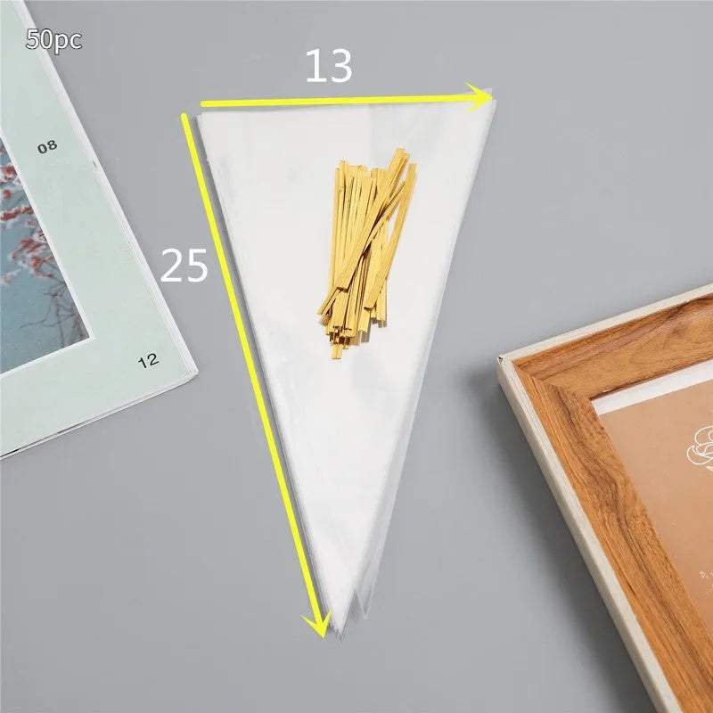 Clear triangle-shaped plastic packaging bag with a silver tie wire, showing three size options.