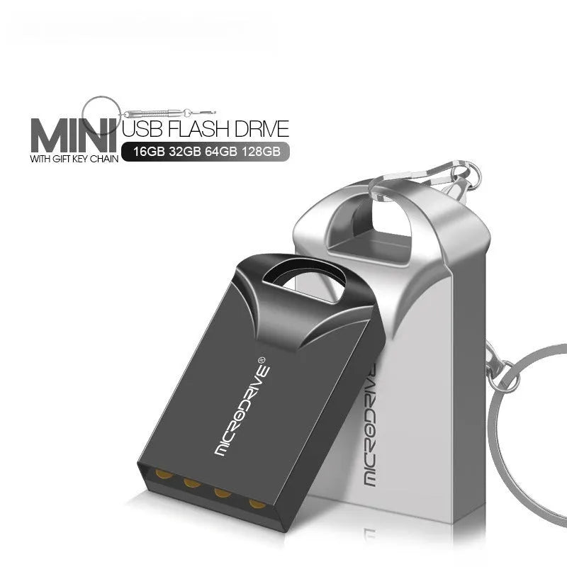 Mini black and silver metal USB flash drive showing compact size and USB connector.