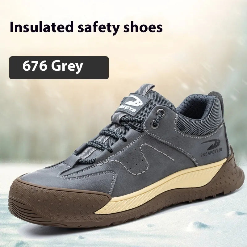 A pair of Flyknit safety work shoes with a leather upper and rubber sole, shown in a neutral colour.