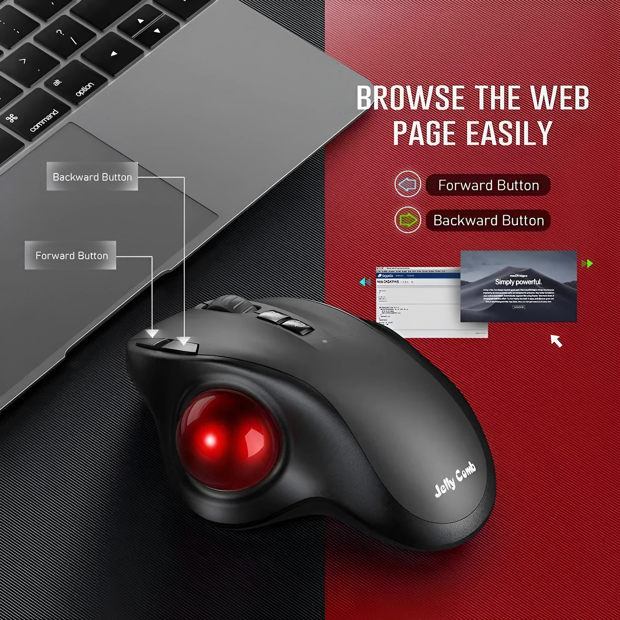 Black wireless trackball mouse with dual-mode 2.4G and Bluetooth connectivity, rechargeable, 2400 DPI, luminous feature