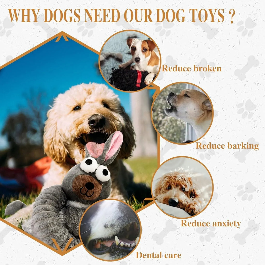 Brown, grey, and yellow foldable plush dog toy with squeaker and crinkle material.