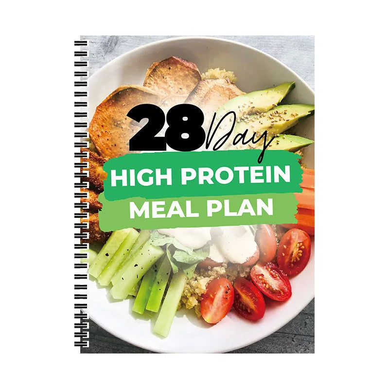 28-day high-protein diet plan book with paper pages, 21cm by 28.5cm, cover labelled 28Day Dietary Plan