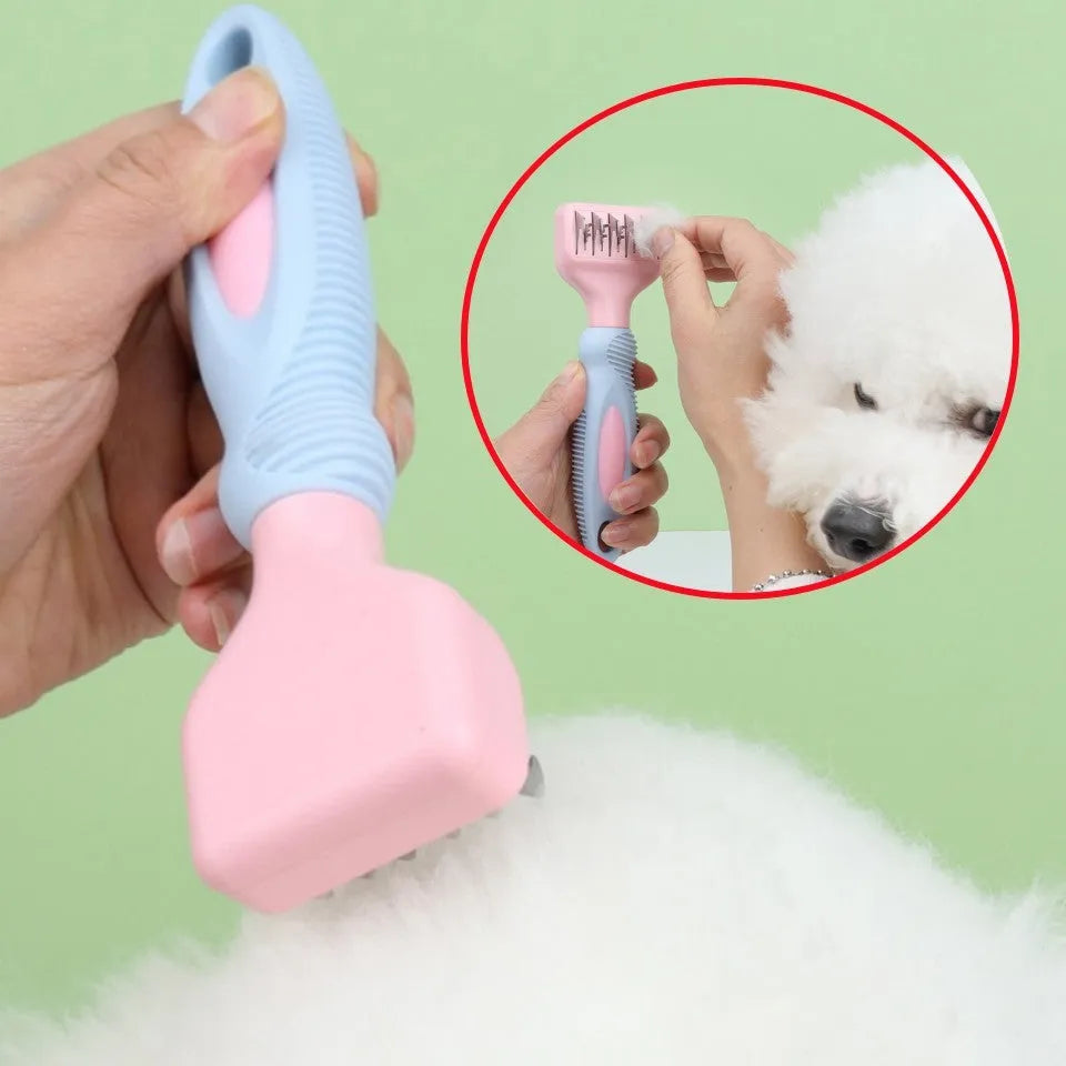 Pink and purple dog comb with stainless steel knot knife and massage brush for pet grooming