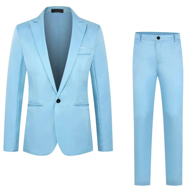 Men's loose-fit wedding suit jacket in various colours including black, blue, grey, and wine red.