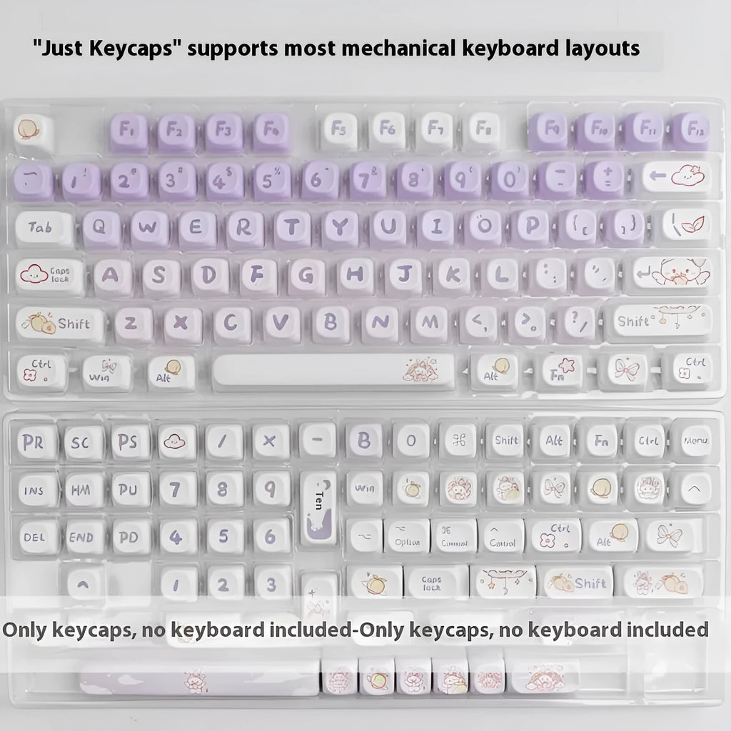 Set of gradient purple PBT key caps for mechanical keyboards featuring rabbit artwork.