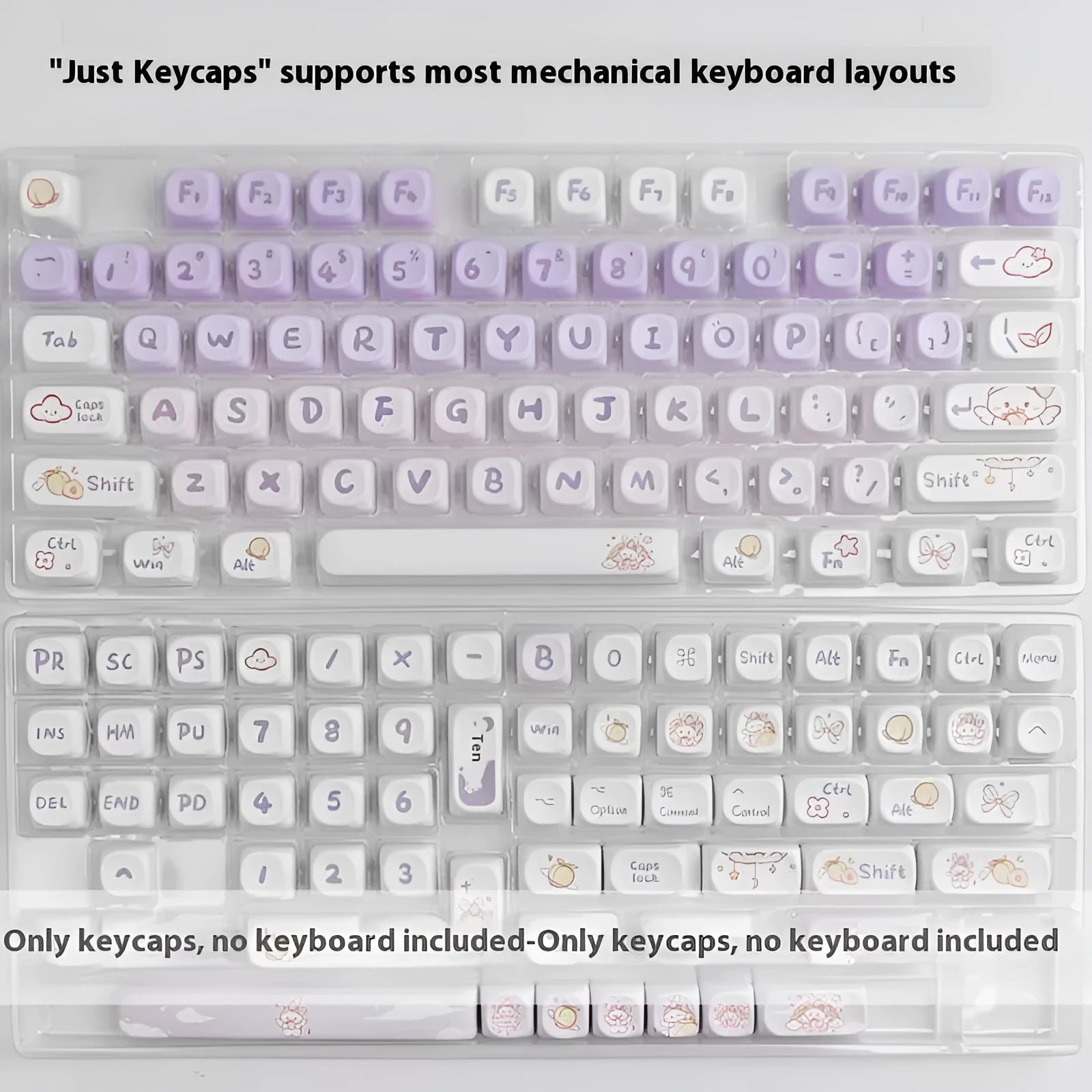 Set of gradient purple PBT key caps for mechanical keyboards featuring rabbit artwork.