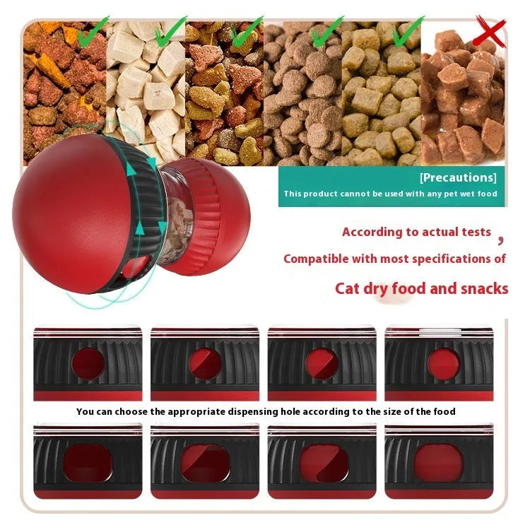 Plastic rotating cat toy with a Super Ball coloured food-dropping component on a white background.