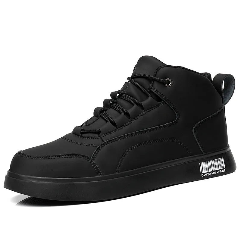 Men's white mid-top casual lace-up board shoes with a flat rubber sole on a solid background.