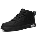 Men's white mid-top casual lace-up board shoes with a flat rubber sole on a solid background.