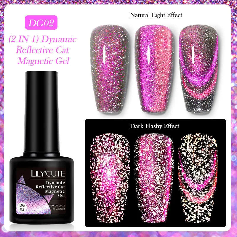 Bottle of Diamond In The Debris Cat Eye Series Nail Polish Gel showing glitter and diamond fragments, with six colour options displayed.