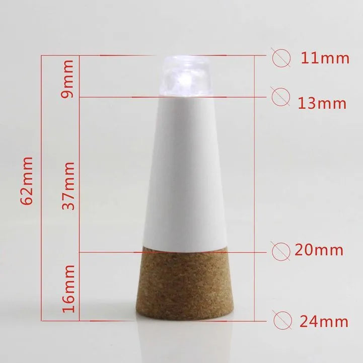 White plastic LED rechargeable bottle cap cork light with 15 beads, shown next to a wine bottle for scale.