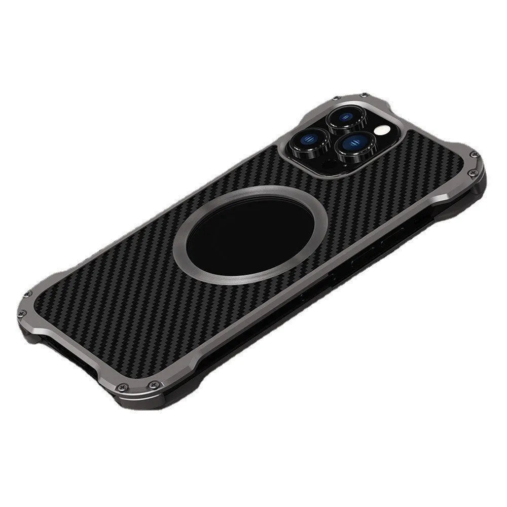 Dark gray metal carbon fibre rotating bracket phone case for Apple iPhone 15 Pro Max with anti-fall and anti-fingerprint properties