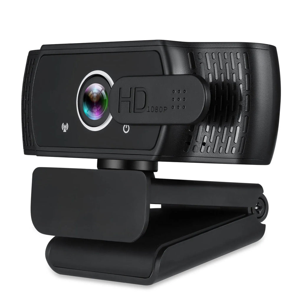 Black 1080P USB webcam with built-in microphone and universal clip for laptop or monitor.