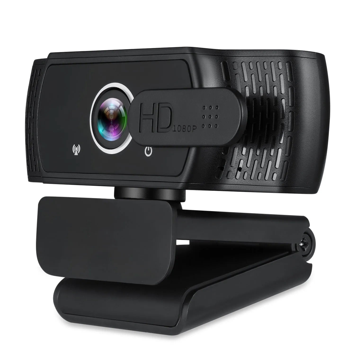 Black 1080P USB webcam with built-in microphone and universal clip for laptop or monitor.
