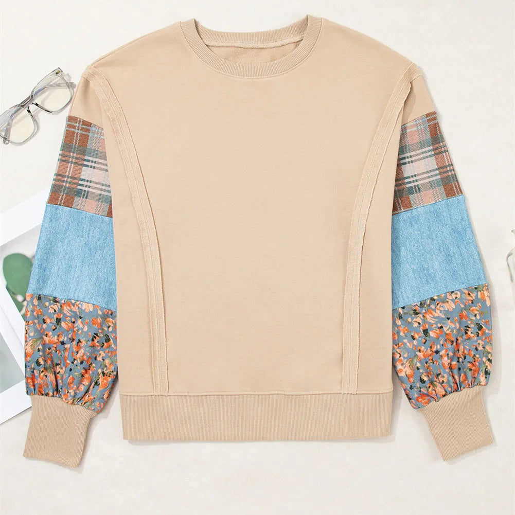Women's loose fit plaid stitching long-sleeved top in beige or red with Japanese Korean casual style