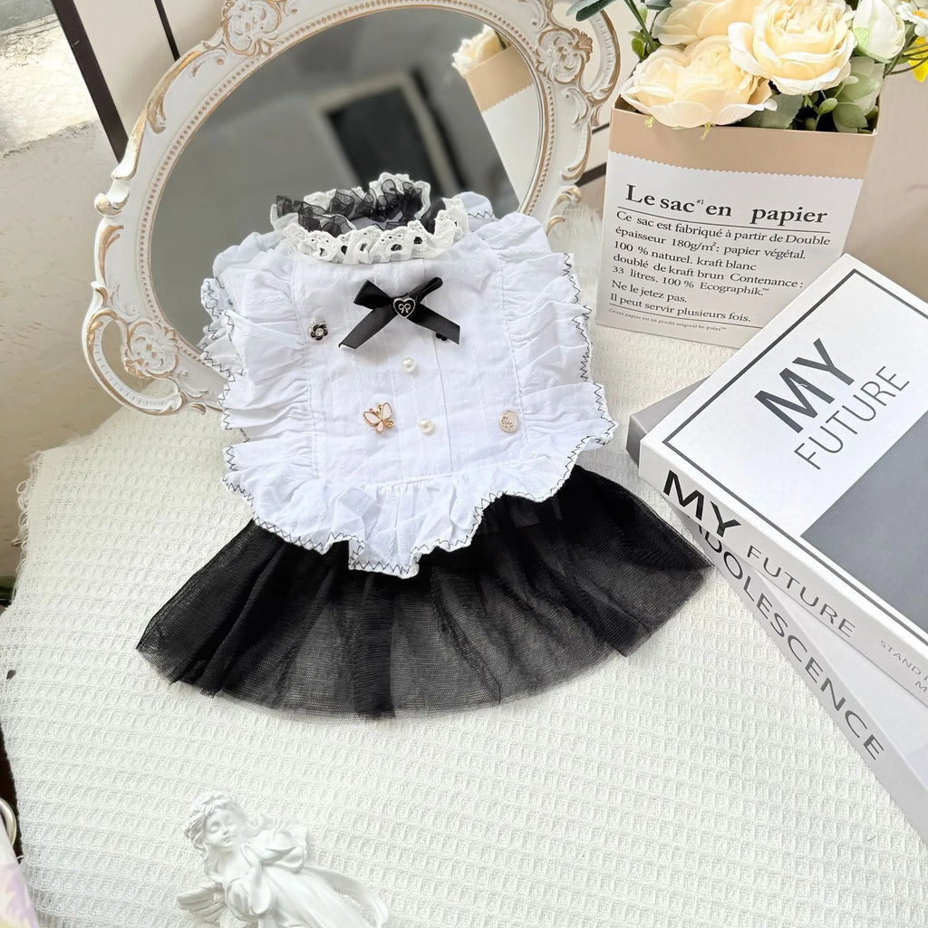 White polyester gauze skirt for small dog on a white background, showing gathered princess-style design.