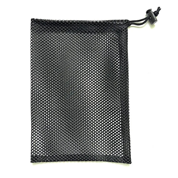 Black drawstring mesh storage bag for children's water balloons.