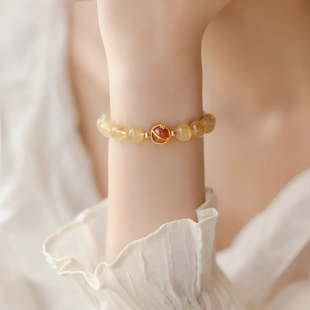 Natural gold rutilated quartz crystal bracelet with diamond-shaped beads in Korean style