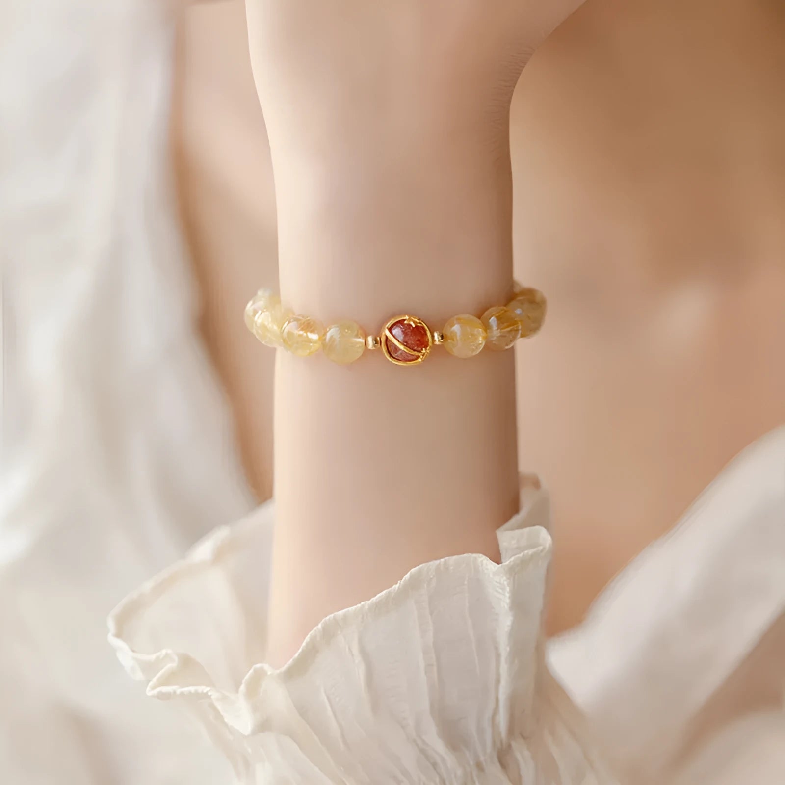 Natural gold rutilated quartz crystal bracelet with diamond-shaped beads in Korean style