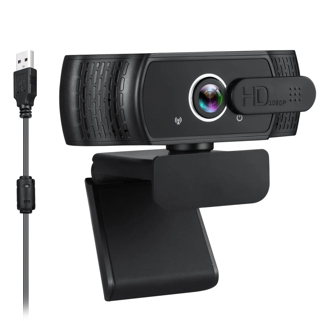 Black 1080P USB webcam with built-in microphone and universal clip for laptop or monitor.