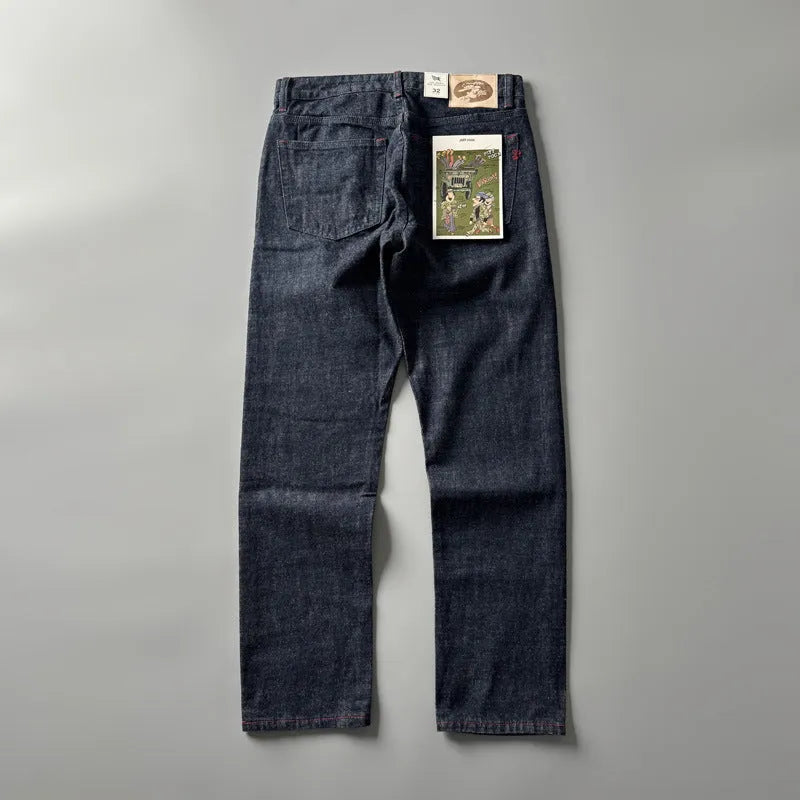 Men's straight-leg denim jeans in primary colour with classic American retro styling