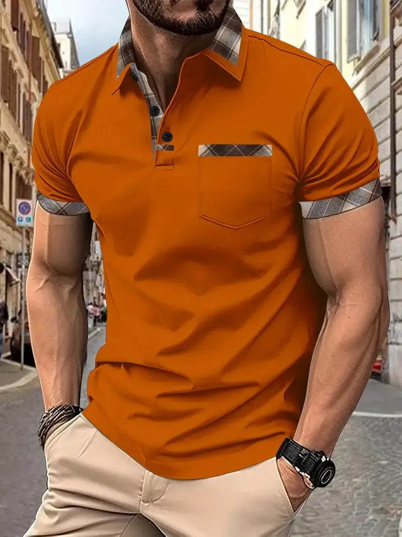 Men's loose fit plaid colourblock short sleeve t-shirt with zipper details on a neutral background.