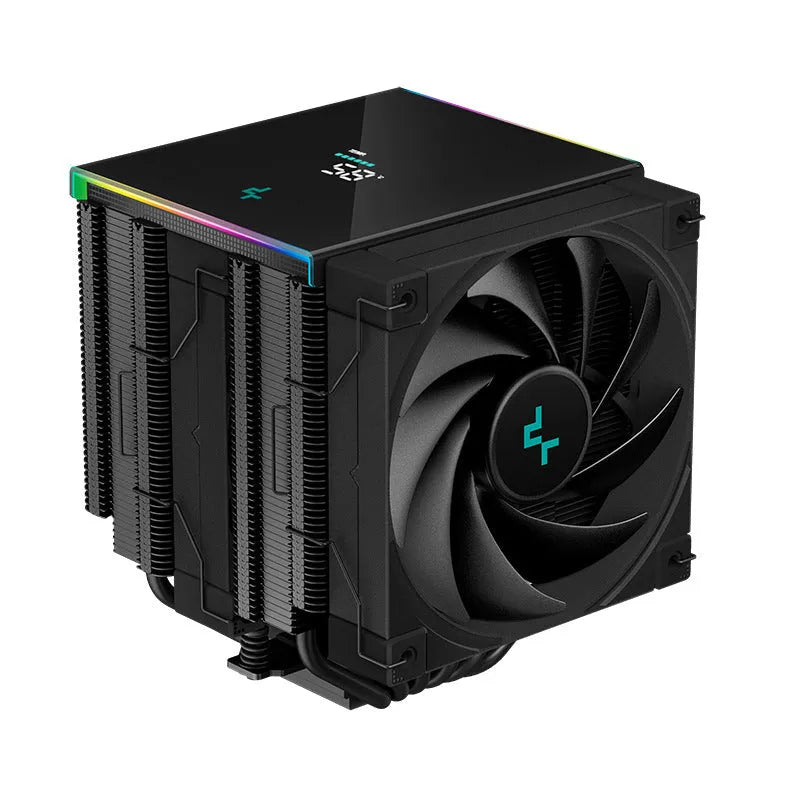 Black tower CPU air cooler with fan and aluminium fins, showing digital display on side.