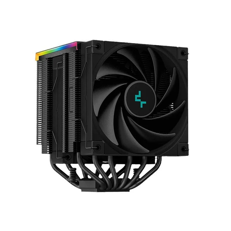 Black tower CPU air cooler with fan and aluminium fins, showing digital display on side.