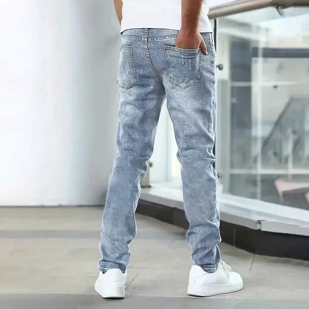 Men's stretch cotton jeans in straight leg cut available in black, dark blue and grey colours
