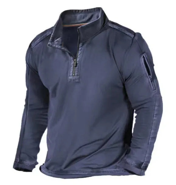 Men's grey zip collar long sleeve pullover sweater on a model.