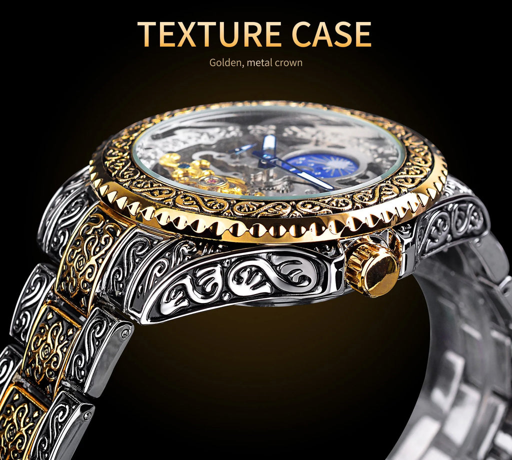 Yellow Forsining skeleton tourbillon mechanical watch with stainless steel case and bracelet