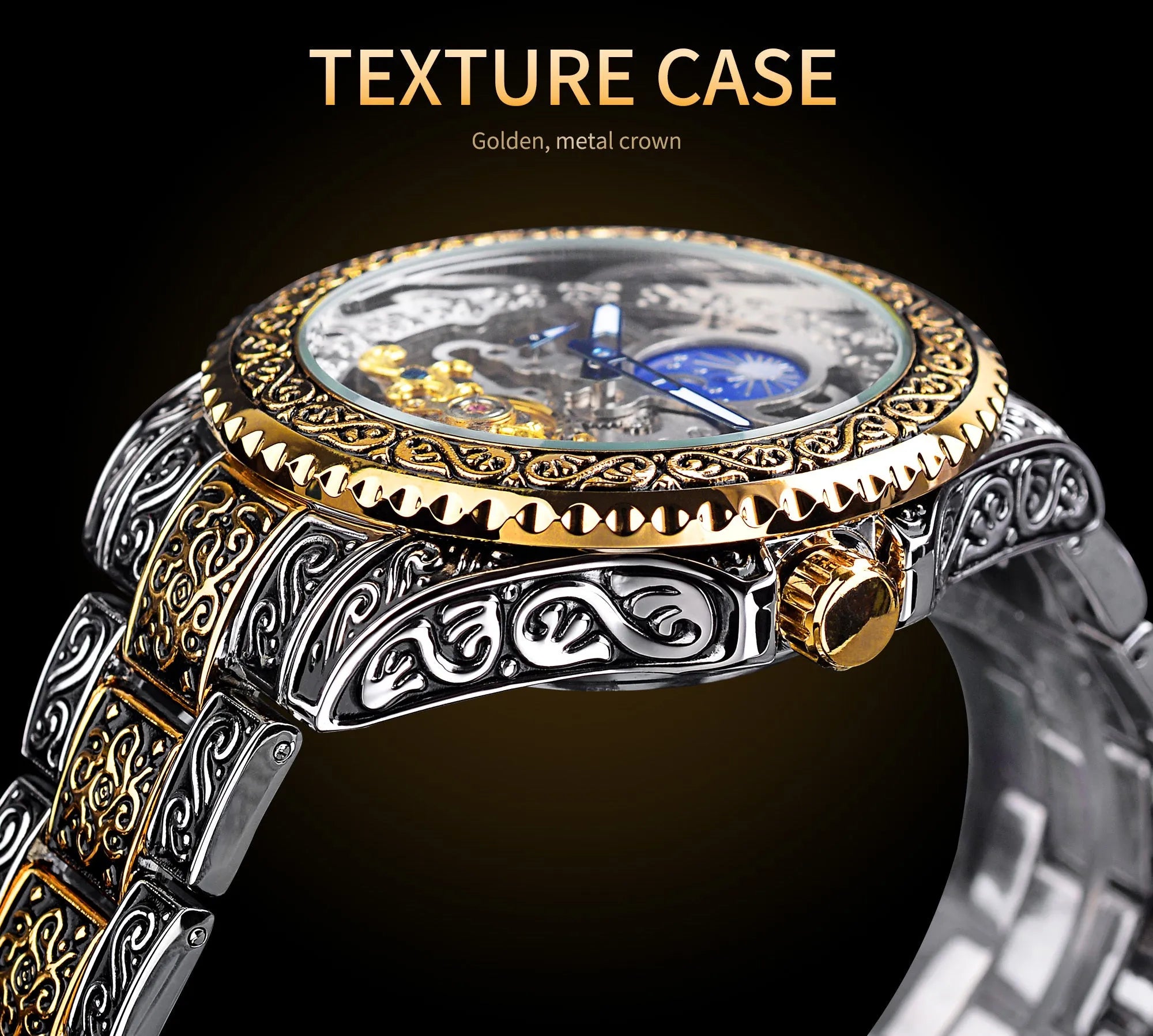 Yellow Forsining skeleton tourbillon mechanical watch with stainless steel case and bracelet