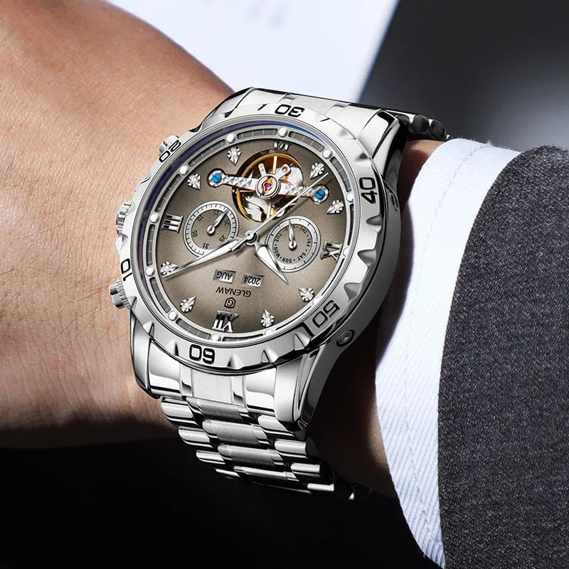 Men's automatic mechanical watch with stainless steel strap and various dial colour options.