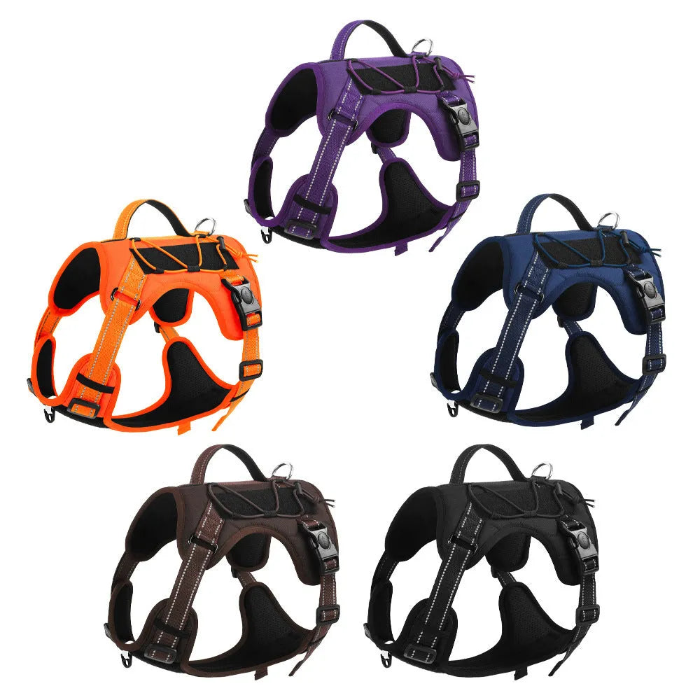 Orange reflective dog harness with explosion-proof design and a black hand-holding rope attached.