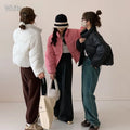 Women's loose thick polyester padded coat with zip front, available in seven solid colours and sizes S to L