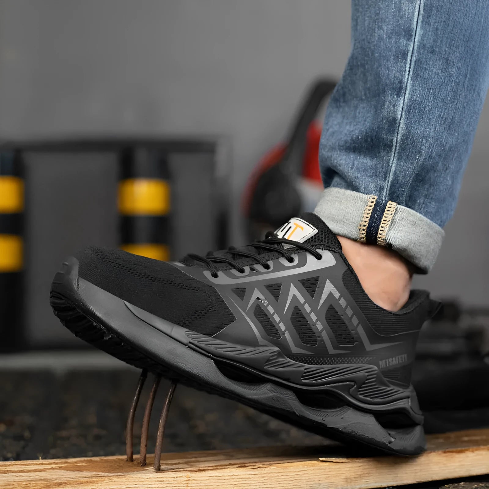 Men's black lace-up steel toe safety shoes with a breathable flat knitted upper and rubber sole.