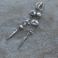 Geometric antique silver rhinestone pendant earrings with XINGX design on alloy base