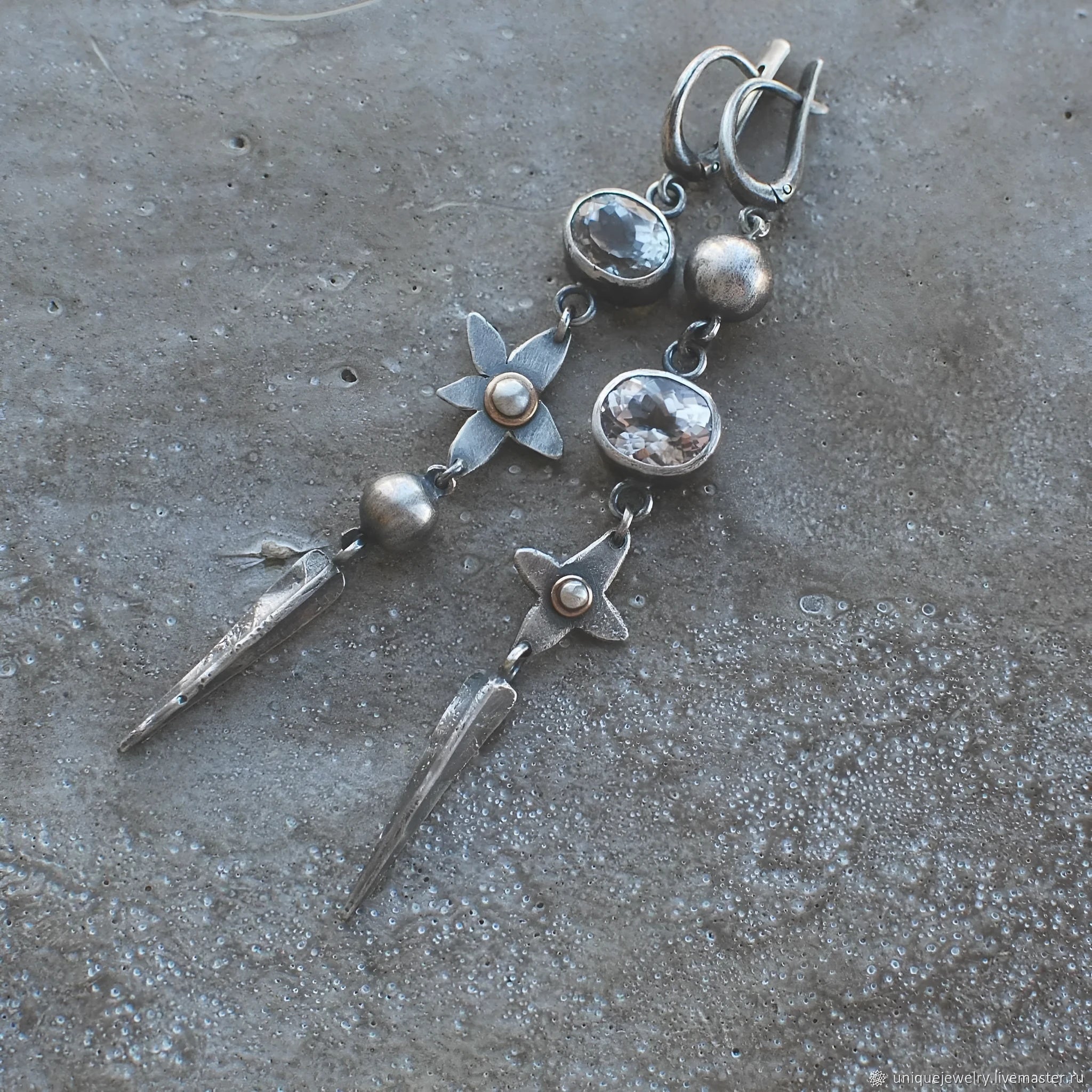 Geometric antique silver rhinestone pendant earrings with XINGX design on alloy base